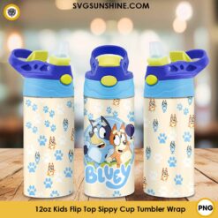 Bluey And Bingo Dog Paw Pattern 12oz Kids Flip Top Sippy Cup Tumbler Wrap PNG File