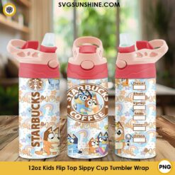 Bluey And Bingo Starbucks Coffee 12oz Kids Flip Top Sippy Cup Tumbler Wrap PNG File