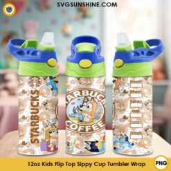 Bluey And Mom Starbucks Coffee 12oz Kids Flip Top Sippy Cup Tumbler Wrap PNG File