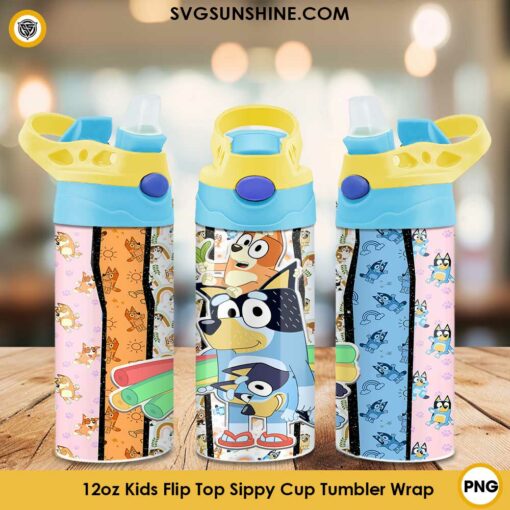 Bluey Bingo And Dad 12oz Kids Flip Top Sippy Cup Tumbler Wrap PNG File