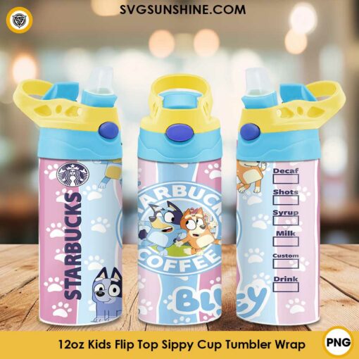 Bluey Bingo Starbucks Coffee 12oz Kids Tumbler Wrap PNG File