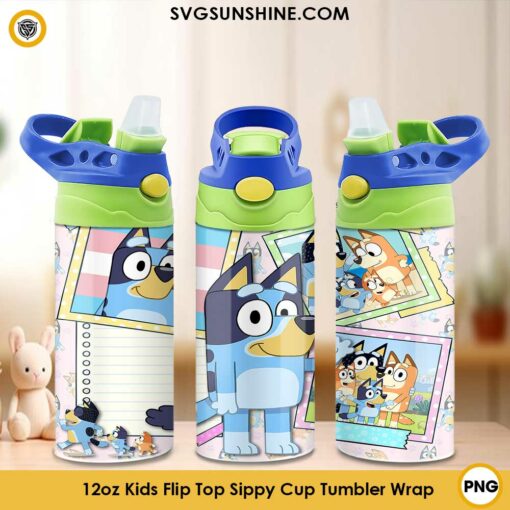 Bluey Family 12oz Kids Flip Top Sippy Cup Tumbler Wrap PNG