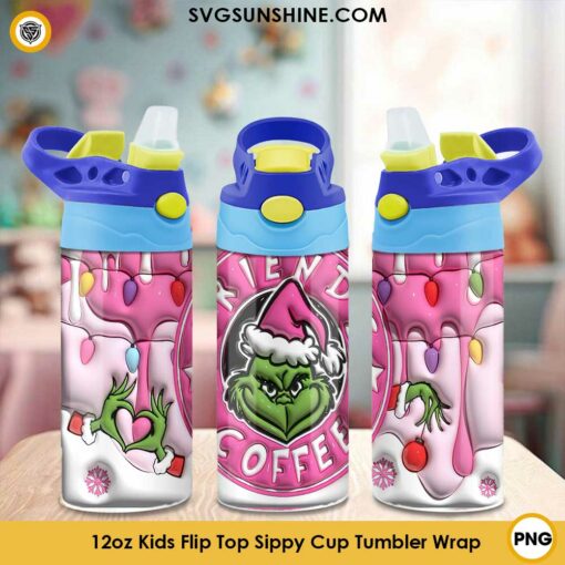 3D Pink Grinch Coffee 12oz Kids Flip Top Tumbler Wrap PNG File