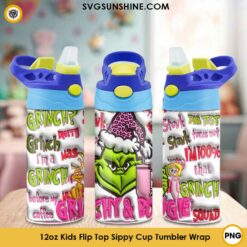 3D Pink Grinch Christmas 12oz Kids Flip Top Sippy Cup Tumbler Wrap PNG File