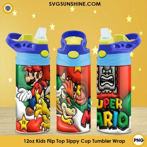 3D Super Mario 12oz Kids Flip Top Tumbler Wrap PNG File