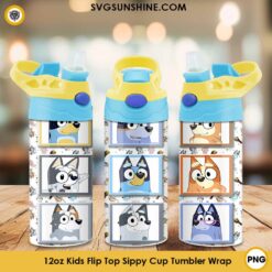 Bluey Character 12oz Kids Flip Top Tumbler Wrap PNG File