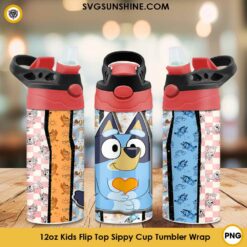 Bluey Heart 12oz Kids Flip Top Sippy Cup Tumbler Wrap PNG File