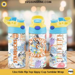 Bluey Starbucks Coffee 12oz Kids Flip Top Tumbler Wrap PNG File