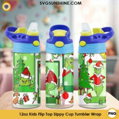 Grinch Christmas 12oz Kids Flip Top Sippy Cup Tumbler Wrap PNG File