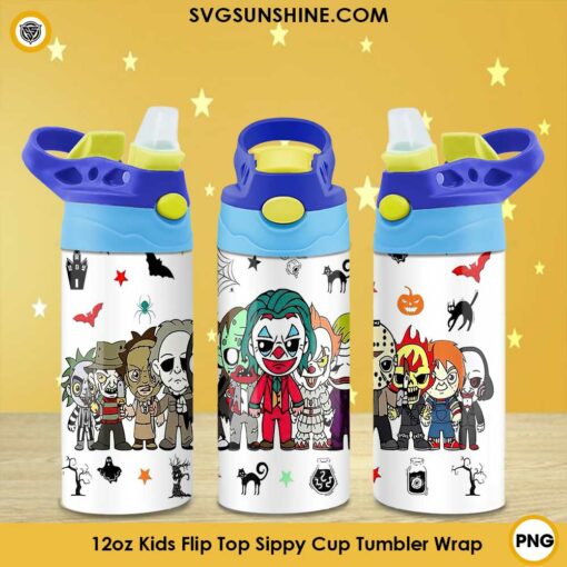 Horror Characters Halloween 12oz Kids Flip Top Sippy Cup Tumbler Wrap PNG File