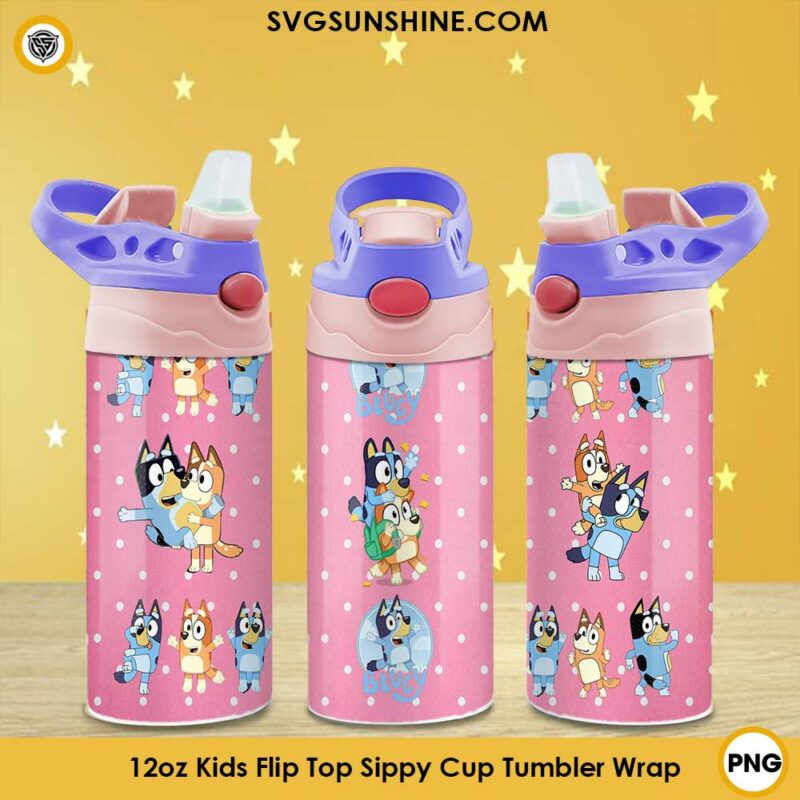 Pink Bluey 12oz Kids Flip Top Tumbler Wrap PNG File