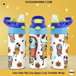 Sally And Jack Skellington 12oz Kids Flip Top Sippy Cup Tumbler Wrap PNG File