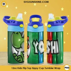 Yoshi Super Mario 3D Design 12oz Kids Flip Top Sippy Cup Tumbler Wrap PNG File