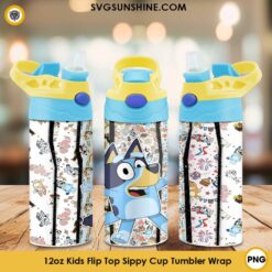 Bluey 12oz Kids Flip Top Sippy Cup PNG, Tumbler Wrap PNG File