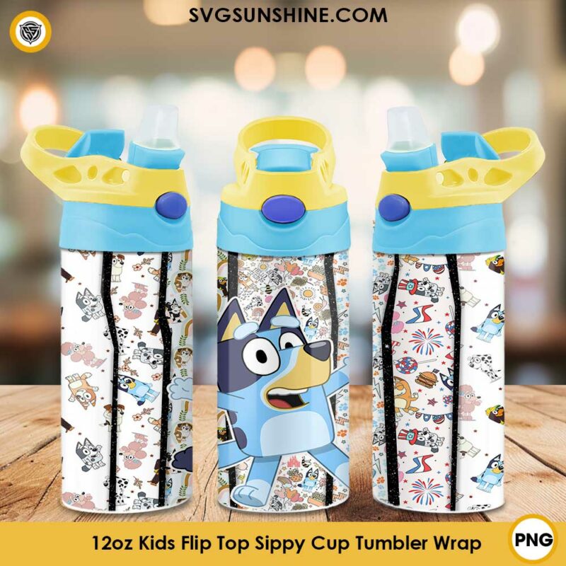 Bluey 12oz Kids Flip Top Sippy Cup PNG, Tumbler Wrap PNG File