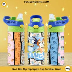 Bluey 12oz Kids Flip Top Sippy Cup Tumbler Wrap PNG File