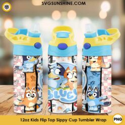 Bluey And Bingo 12oz Kids Flip Top Sippy Cup Tumbler Wrap PNG