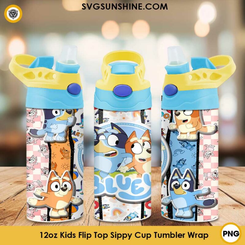 Bluey And Bingo 12oz Kids Flip Top Sippy Cup Tumbler Wrap PNG