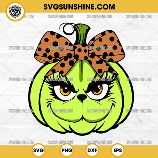 Coquette Green Pumpkin SVG, Grinch Pumpkin Coquette SVG, Grich Face Pumpkin SVG