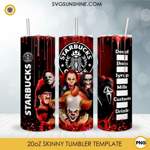 Horror Characters Starbucks Coffee 20oz Tumbler Wrap PNG, Halloween Starbucks Coffee Tumbler Wrap PNG