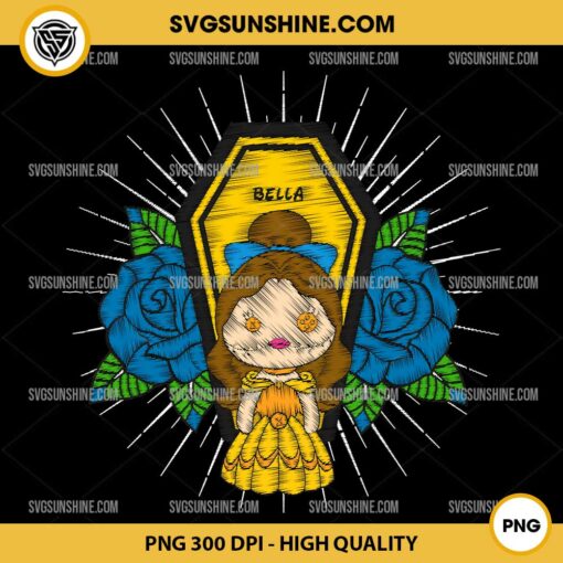 Disney Princess Belle Rose Coffin PNG, Princess Belle Halloween Faux Embroidery Design PNG