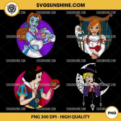 Bundle Disney Princesses Halloween PNG, Faux Embroidery DTF Design PNG