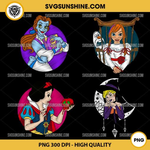 Bundle Disney Princesses Halloween PNG, Faux Embroidery DTF Design PNG