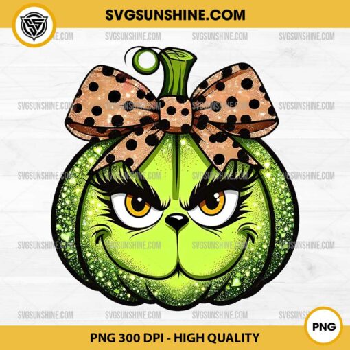 Grinch Pumpkin PNG File, Glitter Grinch Pumpkin PNG, Coquette Bow Pumpkin Grinch PNG