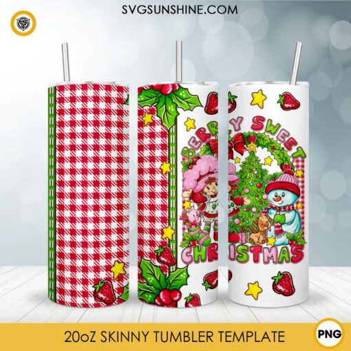 Berry Sweet Christmas Tumbler Wrap PNG, Christmas Strawberry Shortcake Cartoon Skinny Tumbler Design