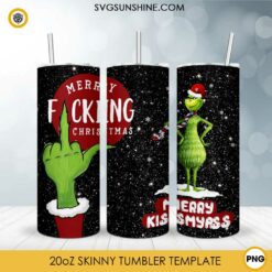 Merry Fucking Christmas Tumbler Wrap PNG, Grinch Middle Finger Skinny Tumbler Design