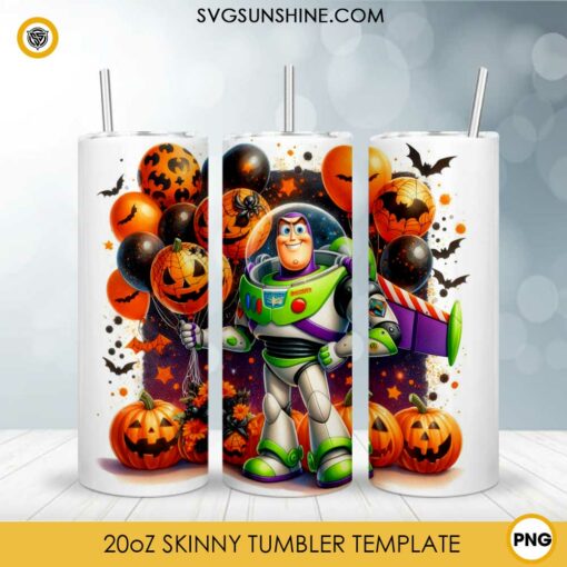 Buzz Sunflowers Pumpkin Halloween 20oz Tumbler Wrap PNG File, Disney Toys Story Haloween Day Skinny Tumbler Design