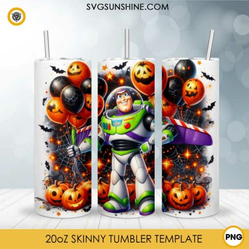 Pumpkin Balloon Buzz Halloween 20oz Tumbler Wrap PNG File, Disney Toys Story Haloween Day Skinny Tumbler Design