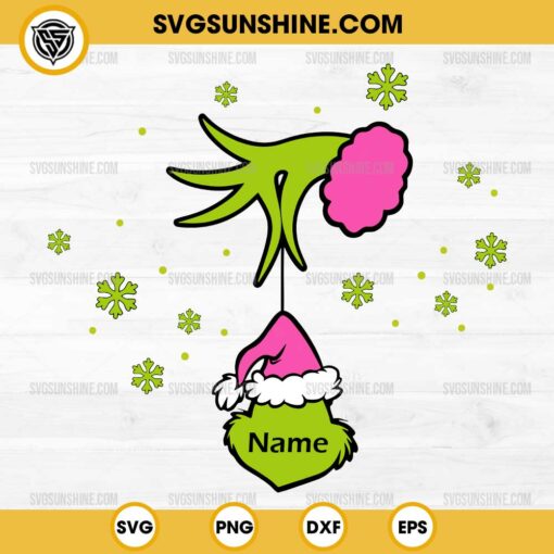 Pink Grinch Hand Holding Head SVG, Grinch Face Custom Kid's Name Christmas SVG