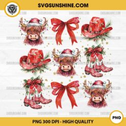 Coquette Bow Highland Cow Christmas PNG, Coquette Western Christmas Cow PNG