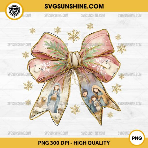 Jesus Christmas Coquette Bow PNG, Christian Christmas PNG, Nativity Scene PNG, Glitter Pink Bow Christmas PNG