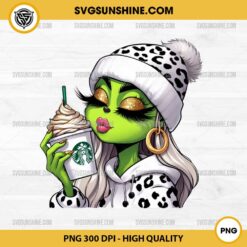 Leopard Boujee Grinch Girl PNG, Leopard Grinch Starbucks Coffee PNG