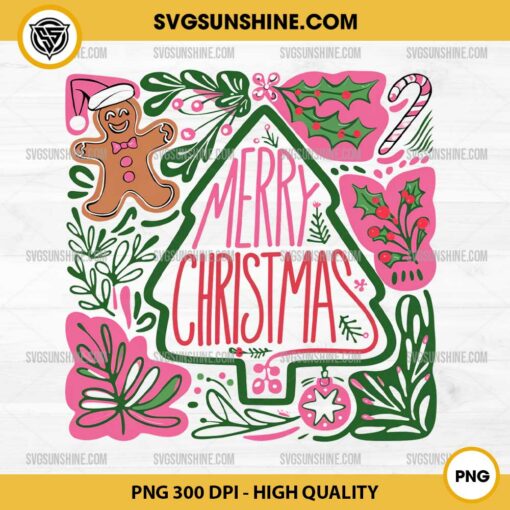 Merry Christmas Outline Tree PNG, Pink Merry Christmas PNG