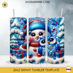 3D Blue Snowman And Owl Christmas 20oz Tumbler Wrap PNG