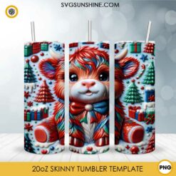 3D Christmas Highland Cow 20oz Tumbler Wrap PNG