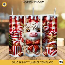 3D Highland Cow Christmas 20oz Tumbler Wrap PNG