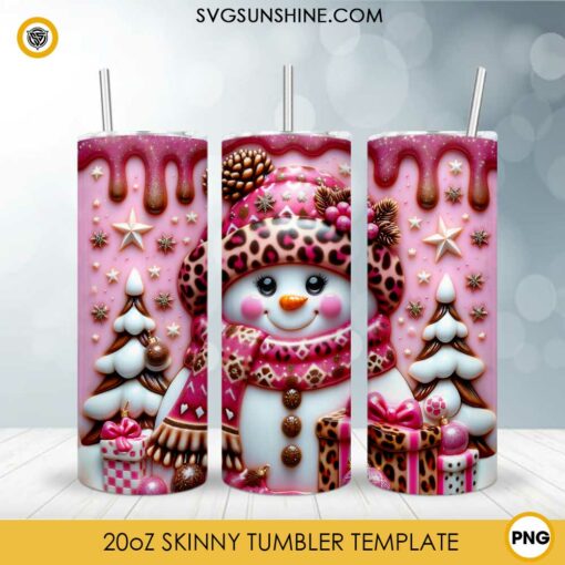 3D Pink Leopard Snowman Christmas Tumbler Wrap 20oz Skinny PNG Sublimation