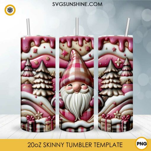 3D Pink Gnome Christmas 20oz Skinny Tumbler Template PNG