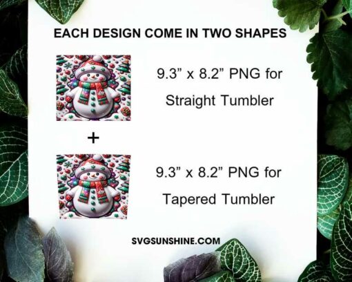 3D Snowman Christmas Tumbler Wrap 20oz Skinny PNG Sublimation