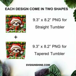 3D Sloth Christmas Tumbler Wrap PNG