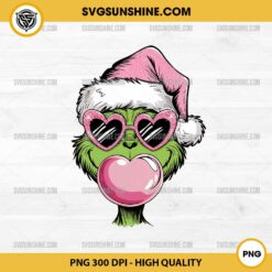 Pink Grinch Blowing Bubble PNG, Grinch Pink Heart Sunglasses PNG