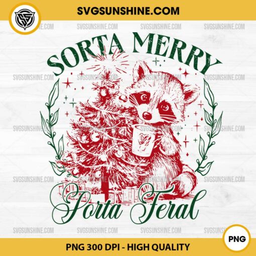 Sorta Merry Sorta Feral PNG, Vintage Christmas Raccoon PNG