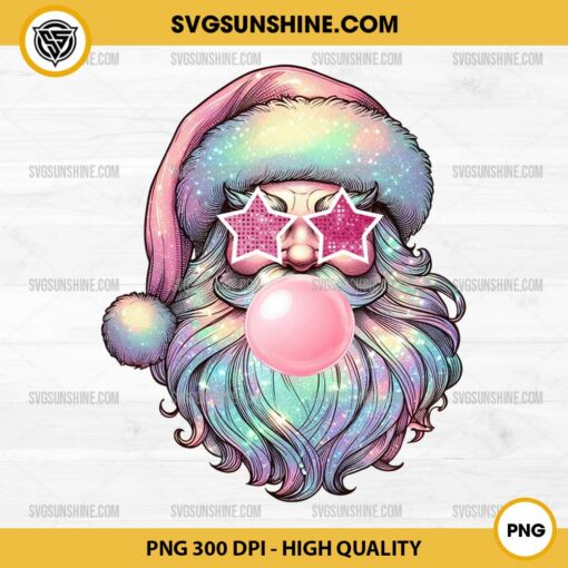 Sparkly Glitter Santa Claus Blowing Pink Bubble PNG, Christmas Santa wearing Star shaped sunglasses PNG