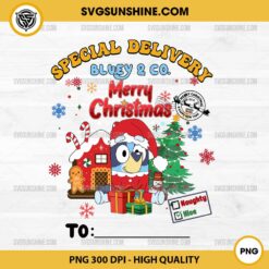 Special Delivery Bluey & Co Merry Christmas PNG, Personalized Bluey Christmas PNG