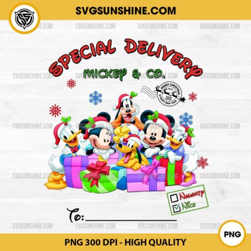 Special Delivery Mickey And Co Christmas PNG, CUSTOM Christmas Gift PNG, Add Kids Name PNG