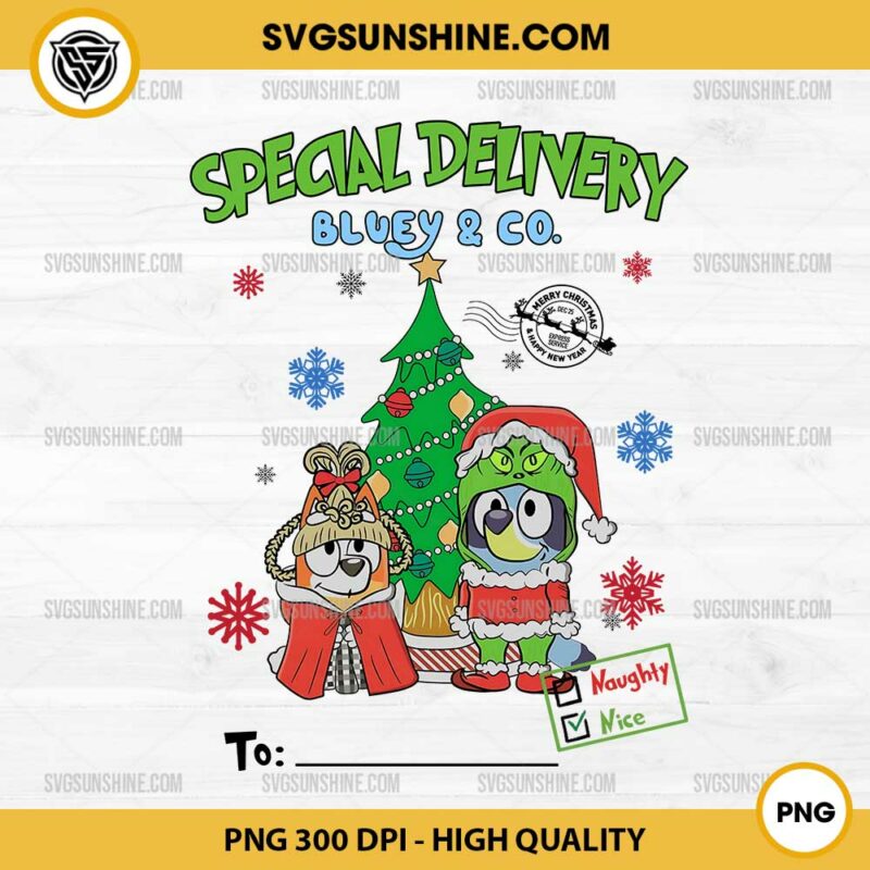 CUSTOM Bluey Bingo Christmas PNG File, Special Delivery Bluey & Co Christmas PNG